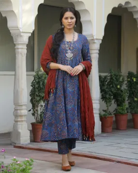 Cotton Blue & Red Printed Anarkali Kurta Pant Set with Mulmul Dupatta