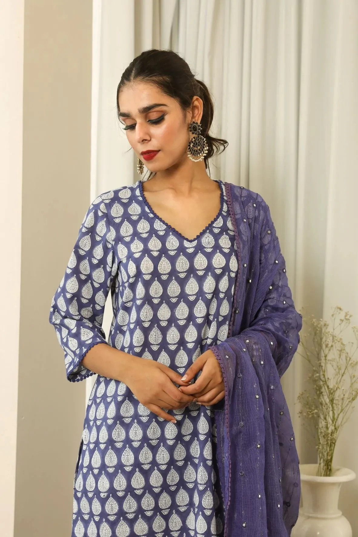 Cotton Blue & White Printed Suit Set with Cotton Doriya Dupatta