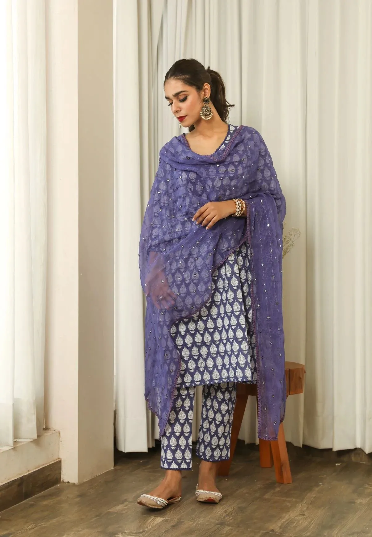 Cotton Blue & White Printed Suit Set with Cotton Doriya Dupatta