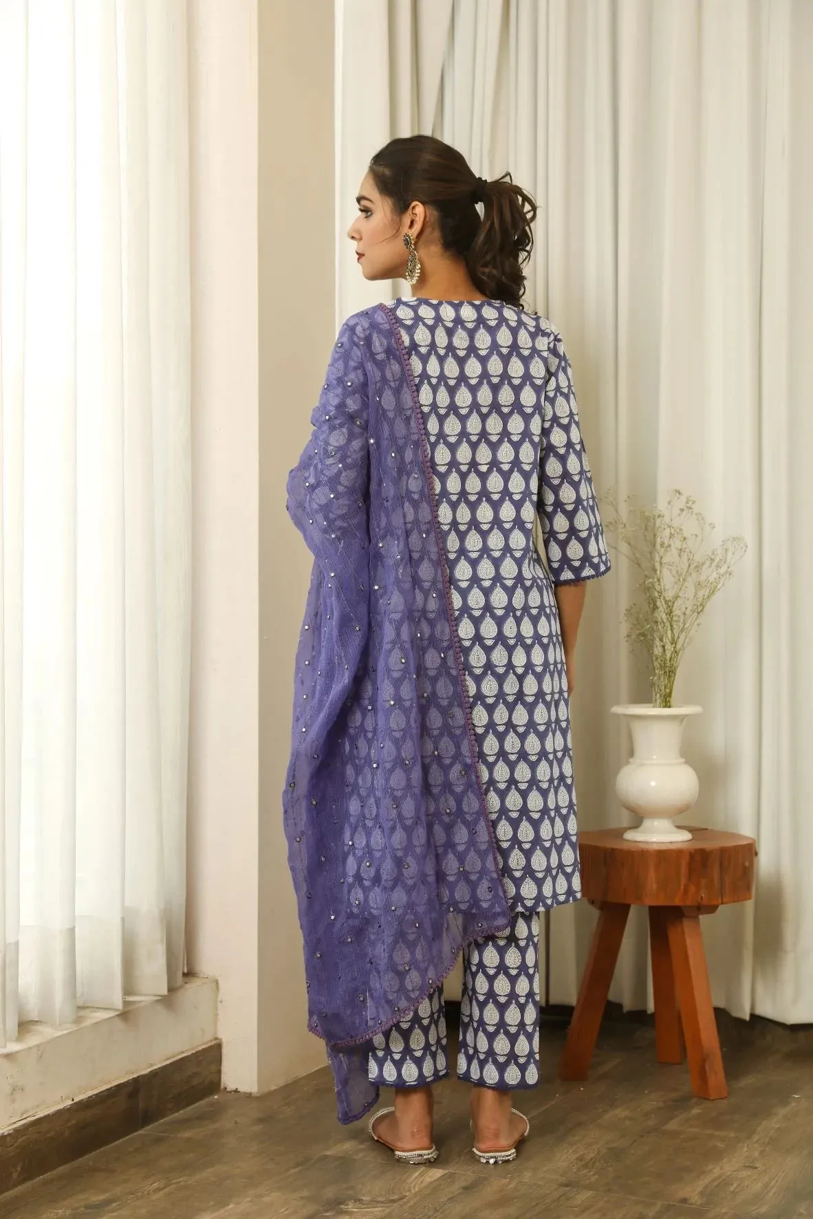 Cotton Blue & White Printed Suit Set with Cotton Doriya Dupatta