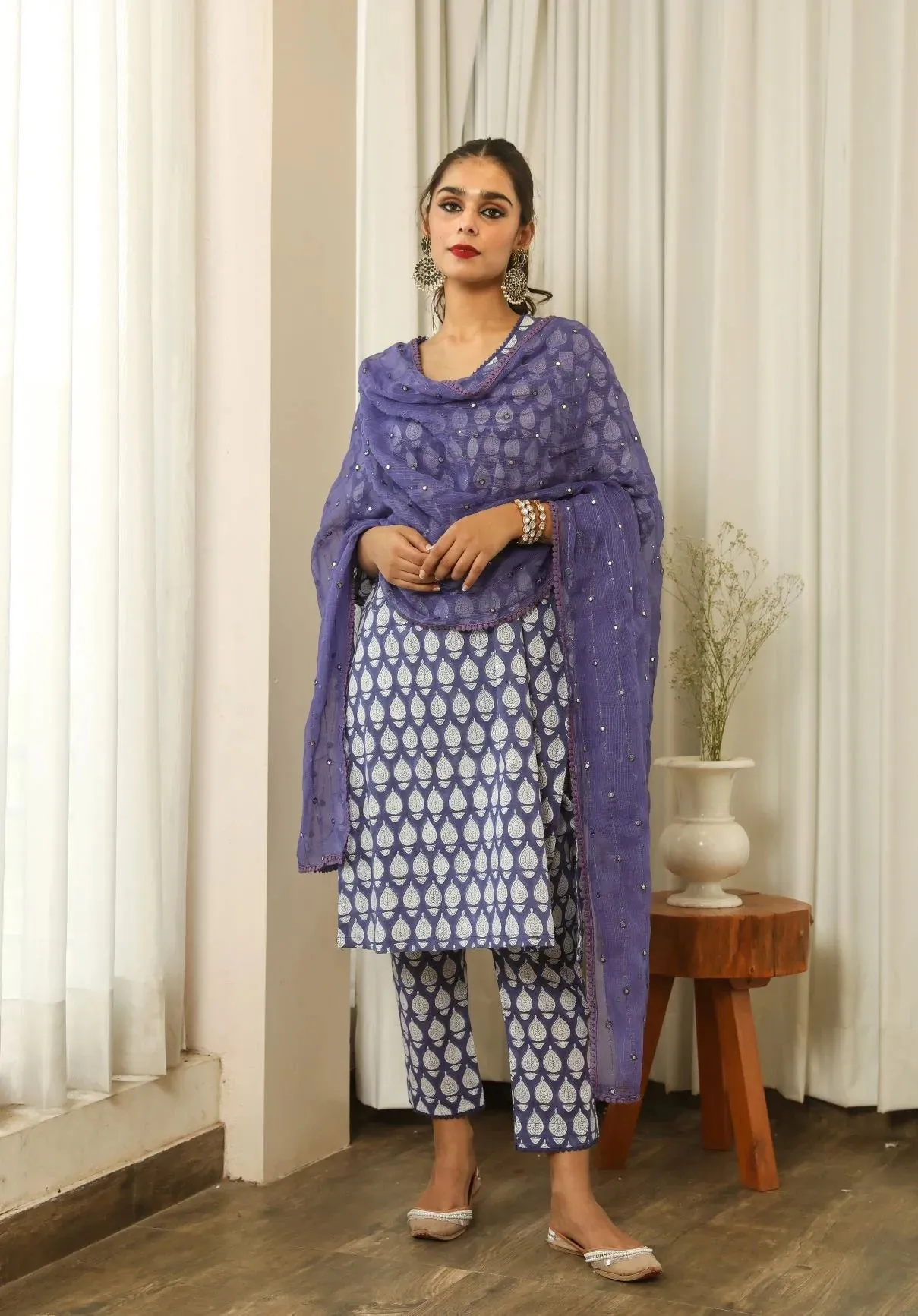 Cotton Blue & White Printed Suit Set with Cotton Doriya Dupatta