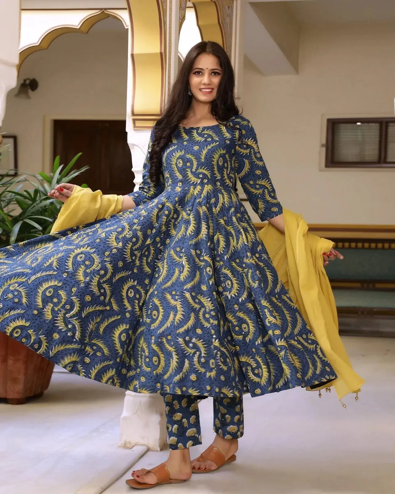 Cotton Blue & Yellow Bagru Print Anarkali Suit Set wit Mulmul Dupatta