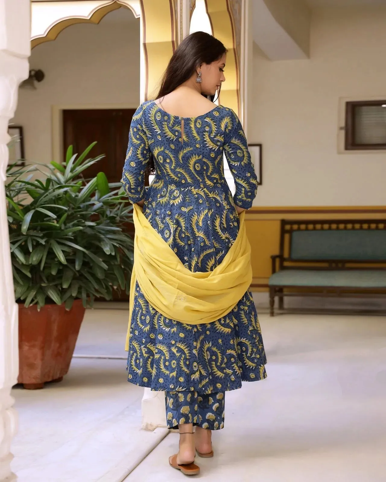 Cotton Blue & Yellow Bagru Print Anarkali Suit Set wit Mulmul Dupatta