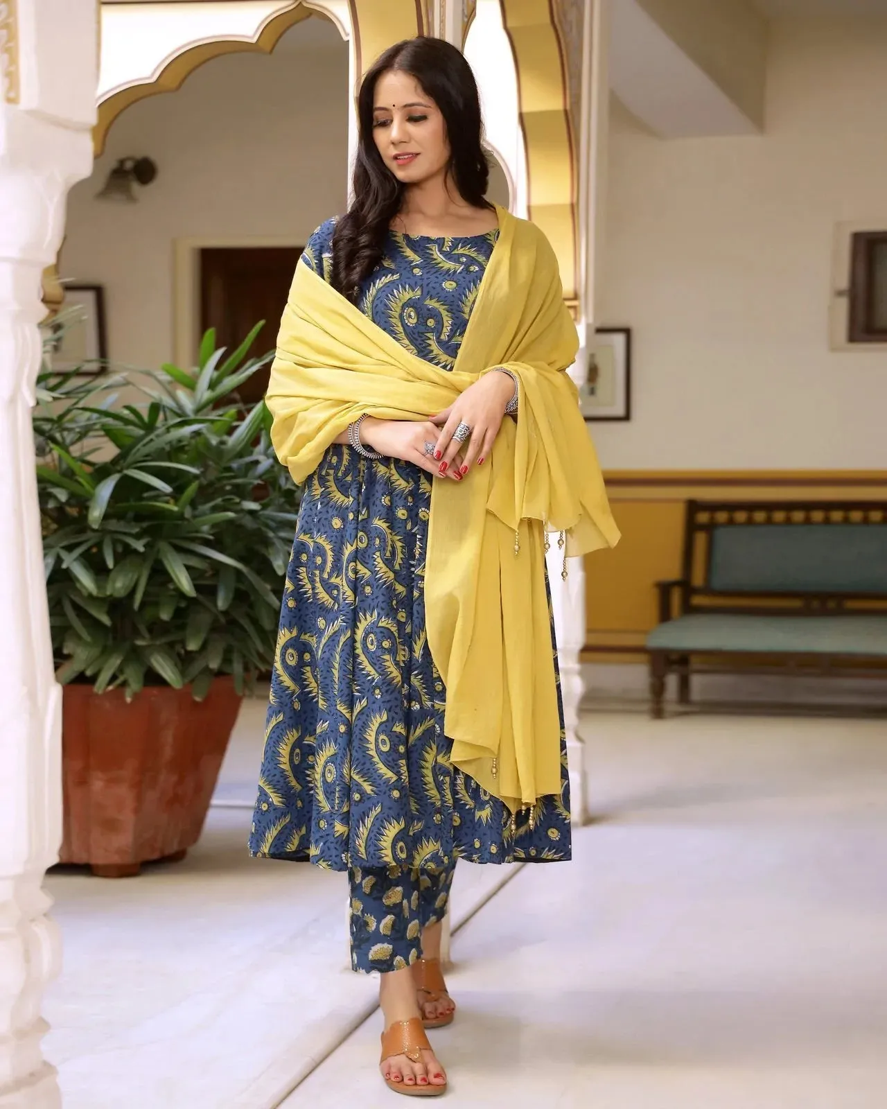 Cotton Blue & Yellow Bagru Print Anarkali Suit Set wit Mulmul Dupatta