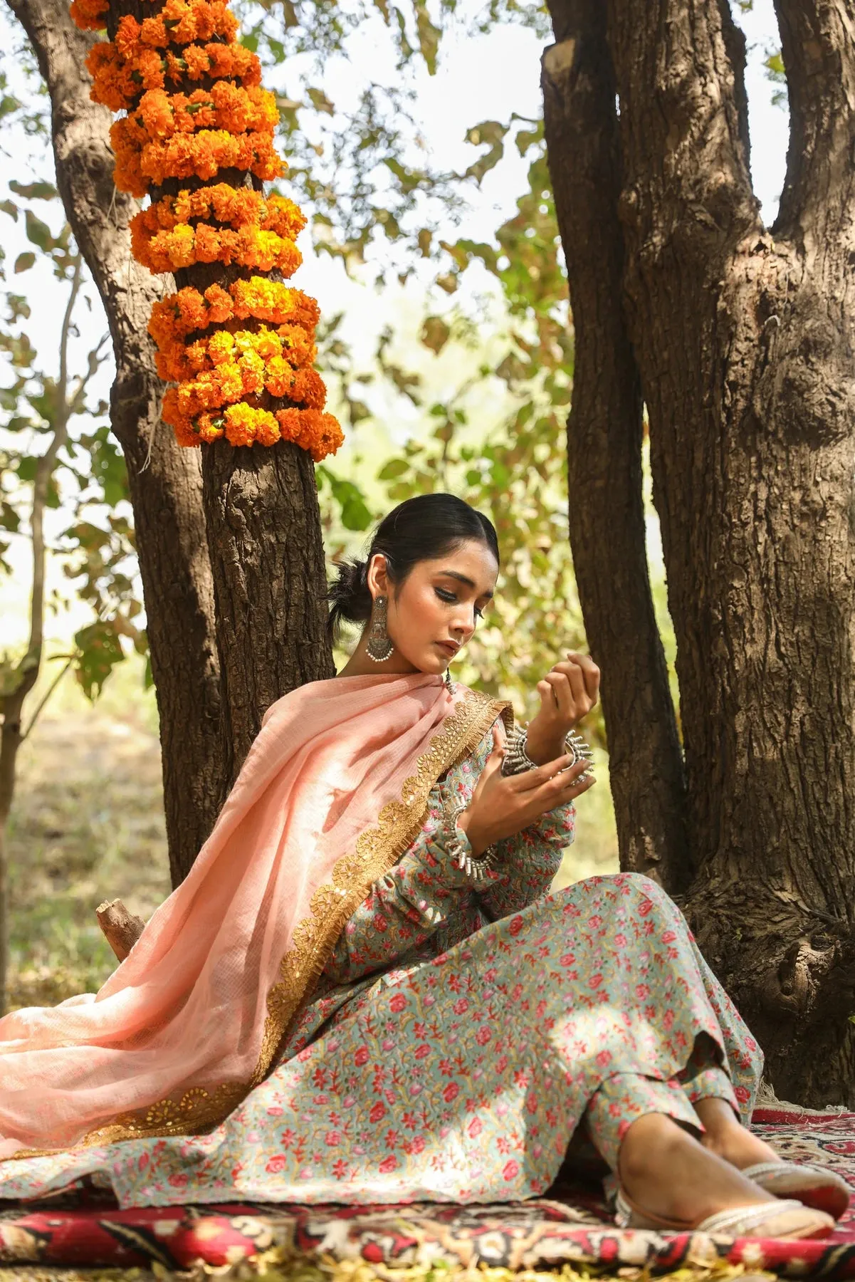 Cotton Blue Block Print Anarkali Suit