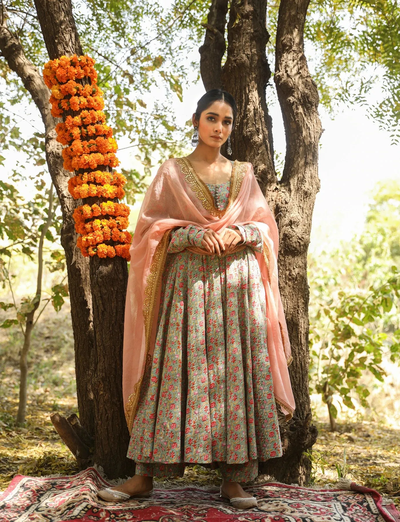 Cotton Blue Block Print Anarkali Suit