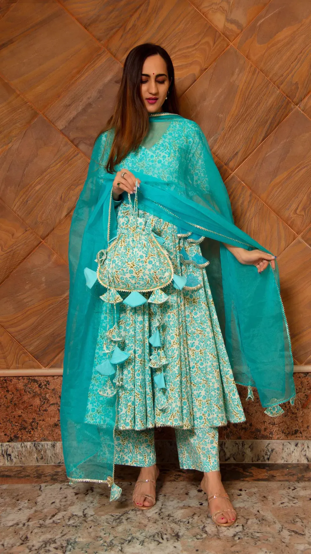 Cotton Blue Printed Anarkali Palazzo Set with Organza Dupatta