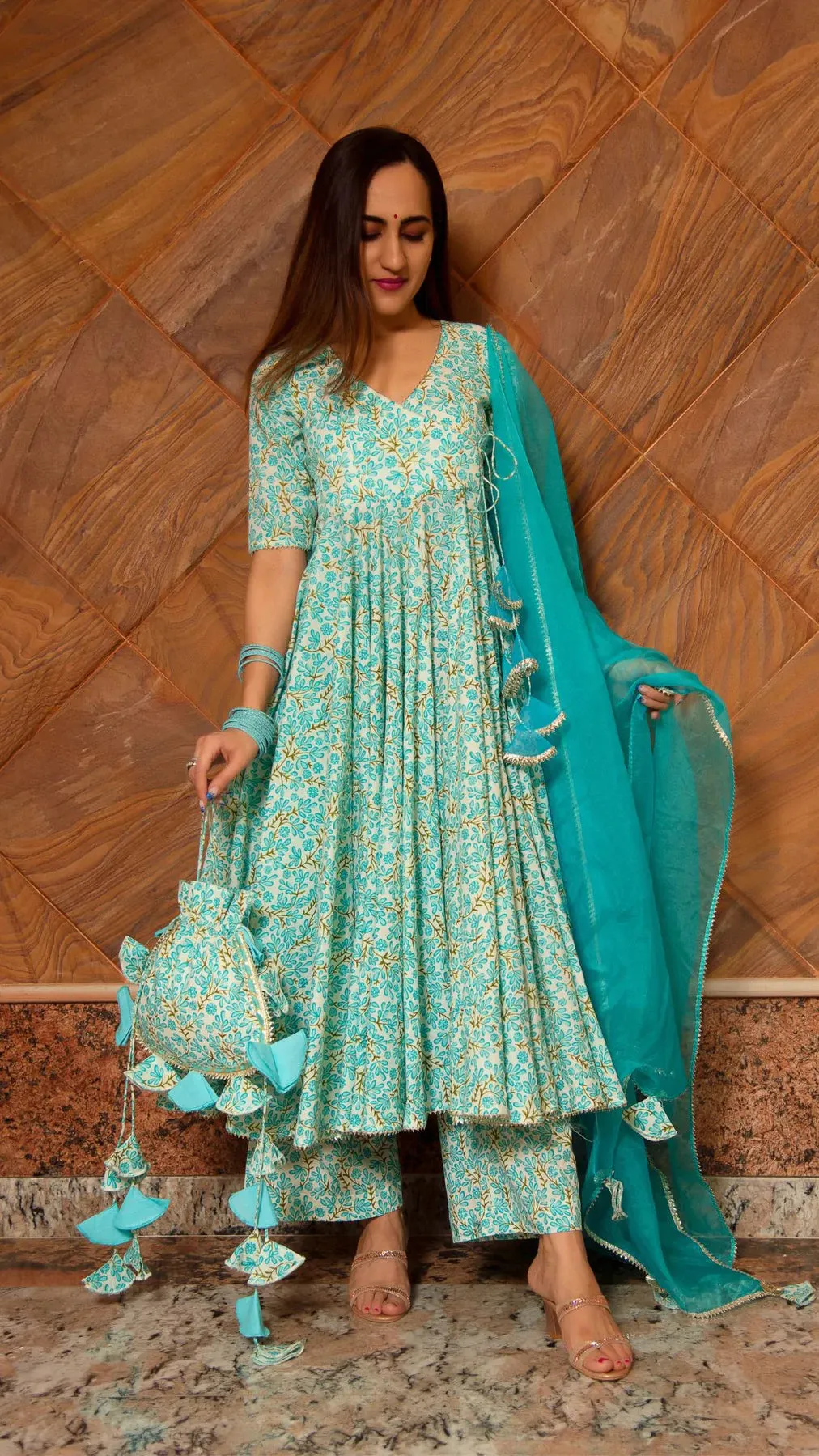 Cotton Blue Printed Anarkali Palazzo Set with Organza Dupatta