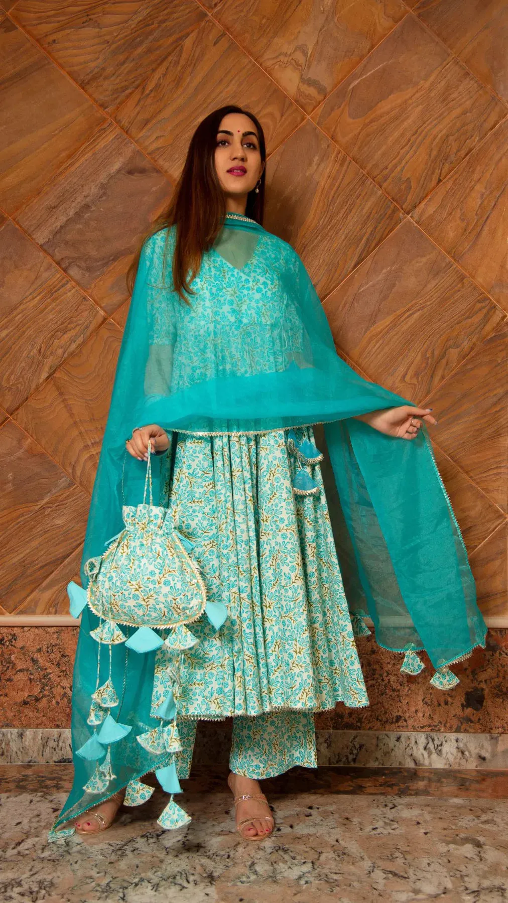 Cotton Blue Printed Anarkali Palazzo Set with Organza Dupatta