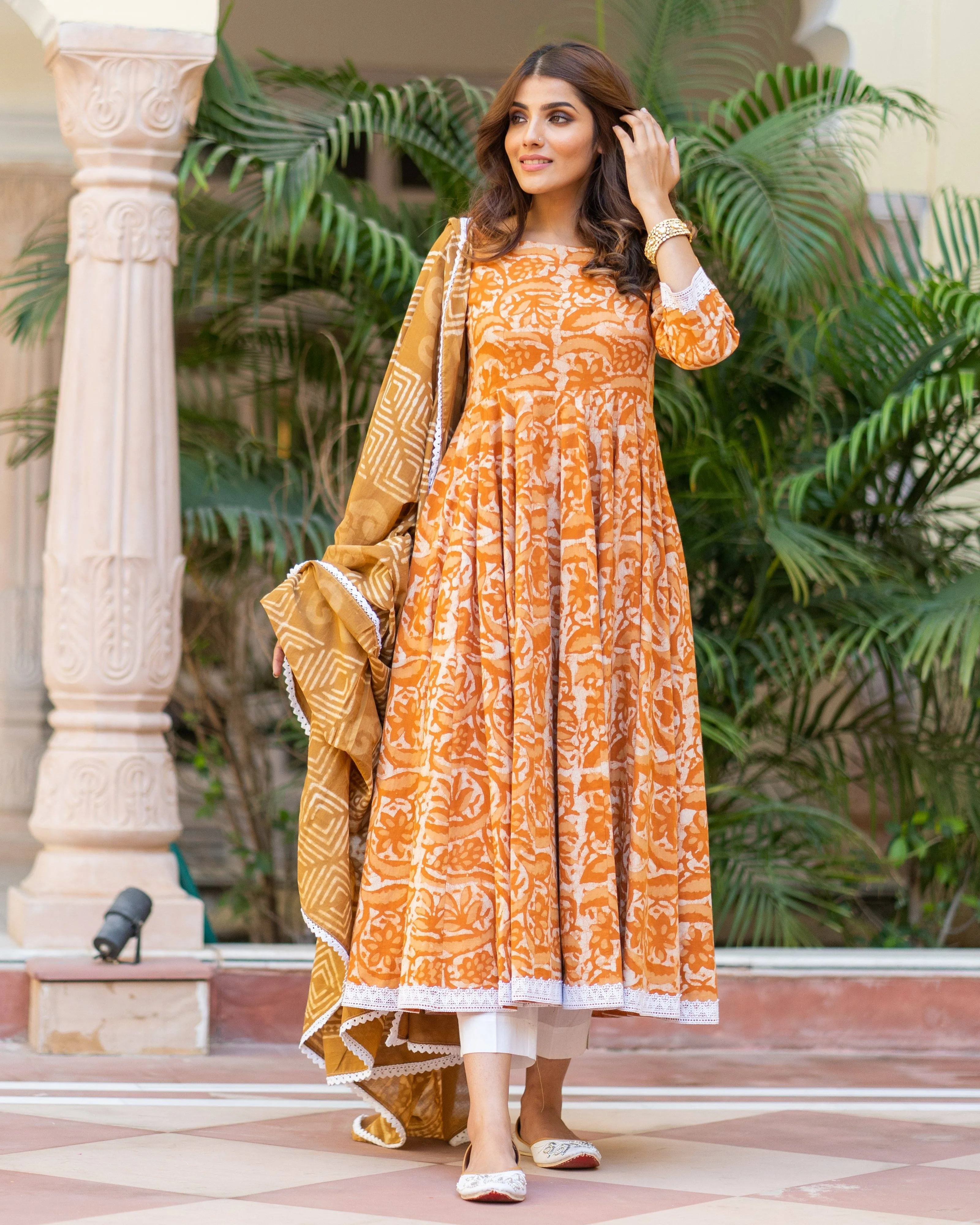 Cotton Dress Set - Mustard Colored Dabu Print