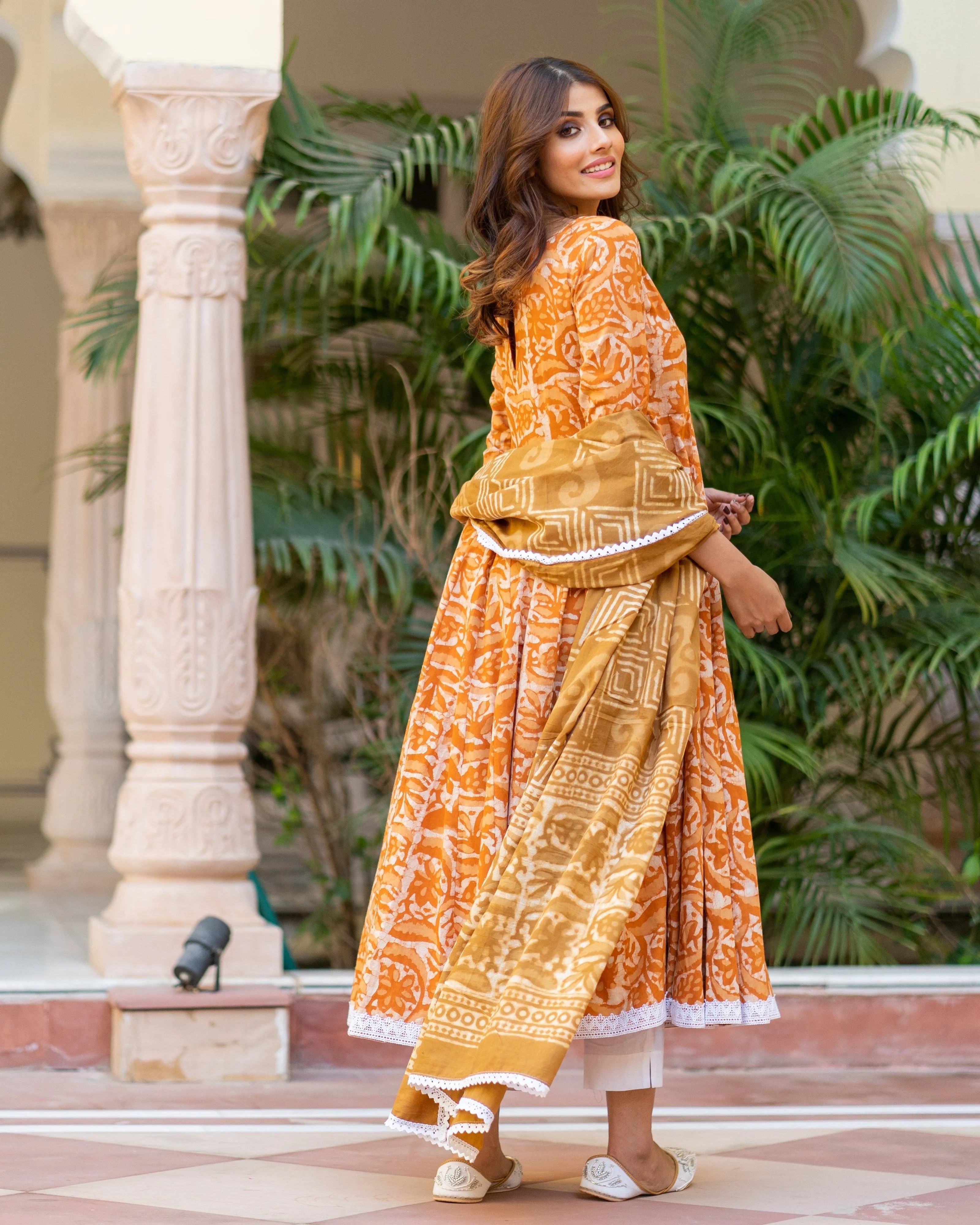 Cotton Dress Set - Mustard Colored Dabu Print