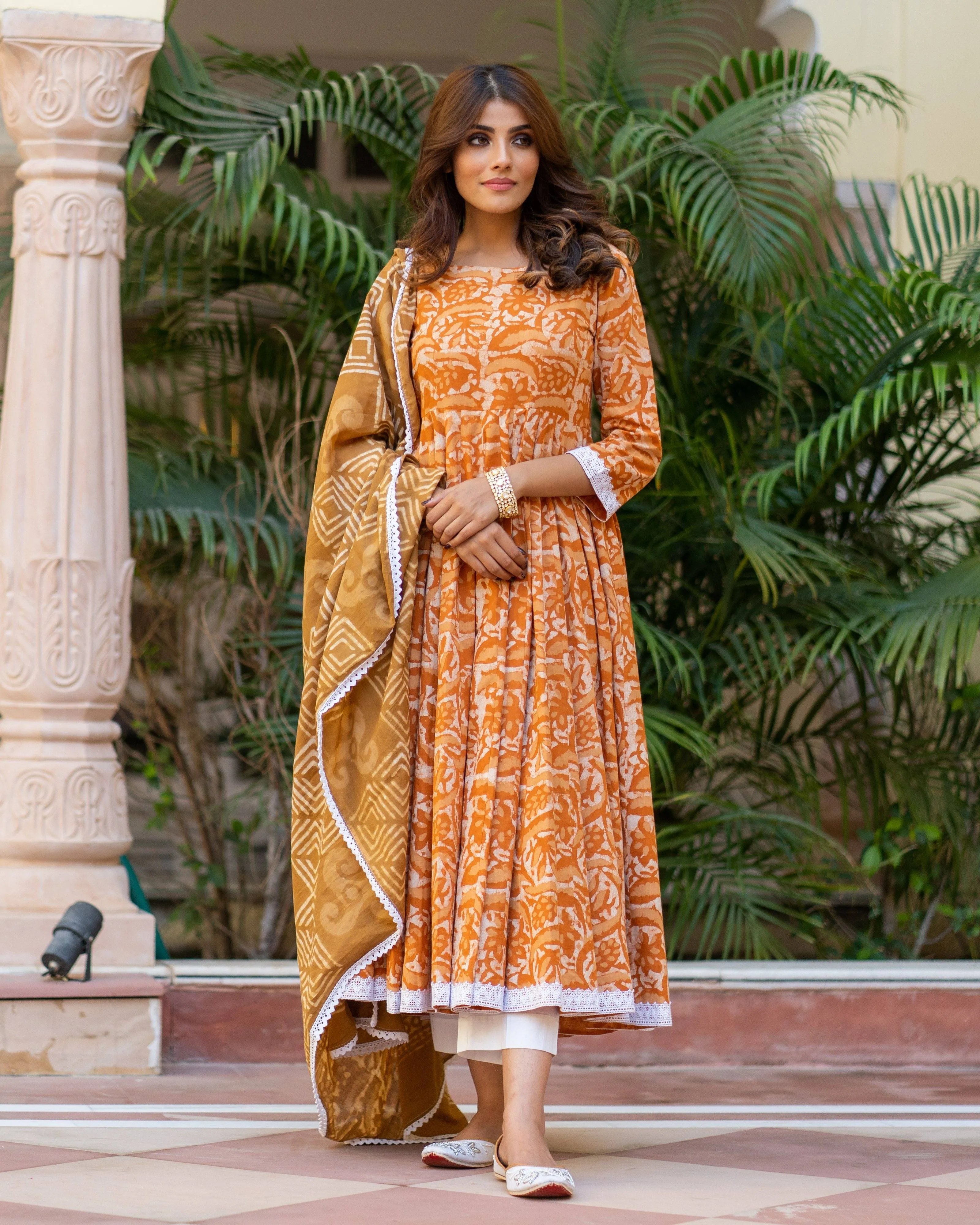 Cotton Dress Set - Mustard Colored Dabu Print