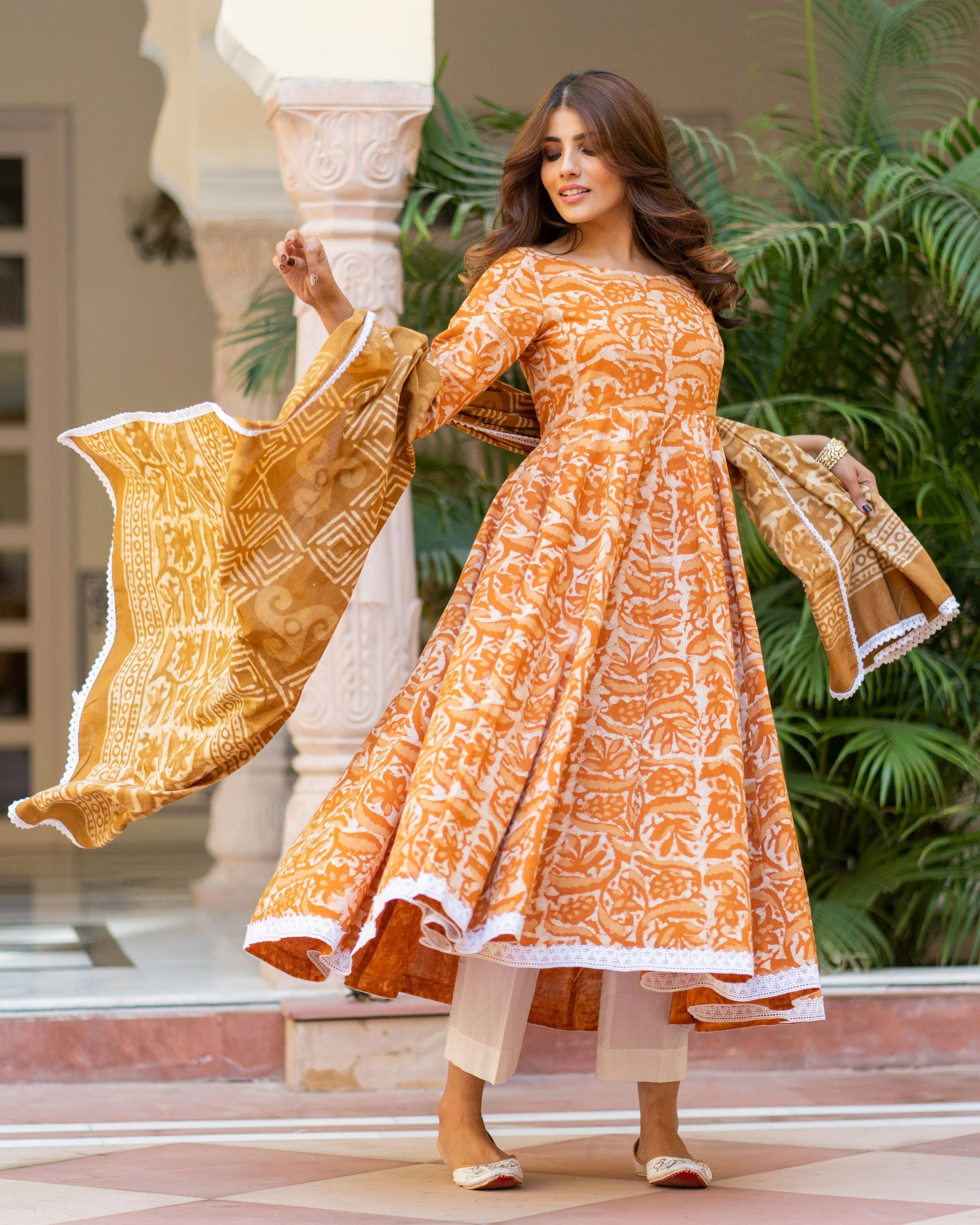 Cotton Dress Set - Mustard Colored Dabu Print