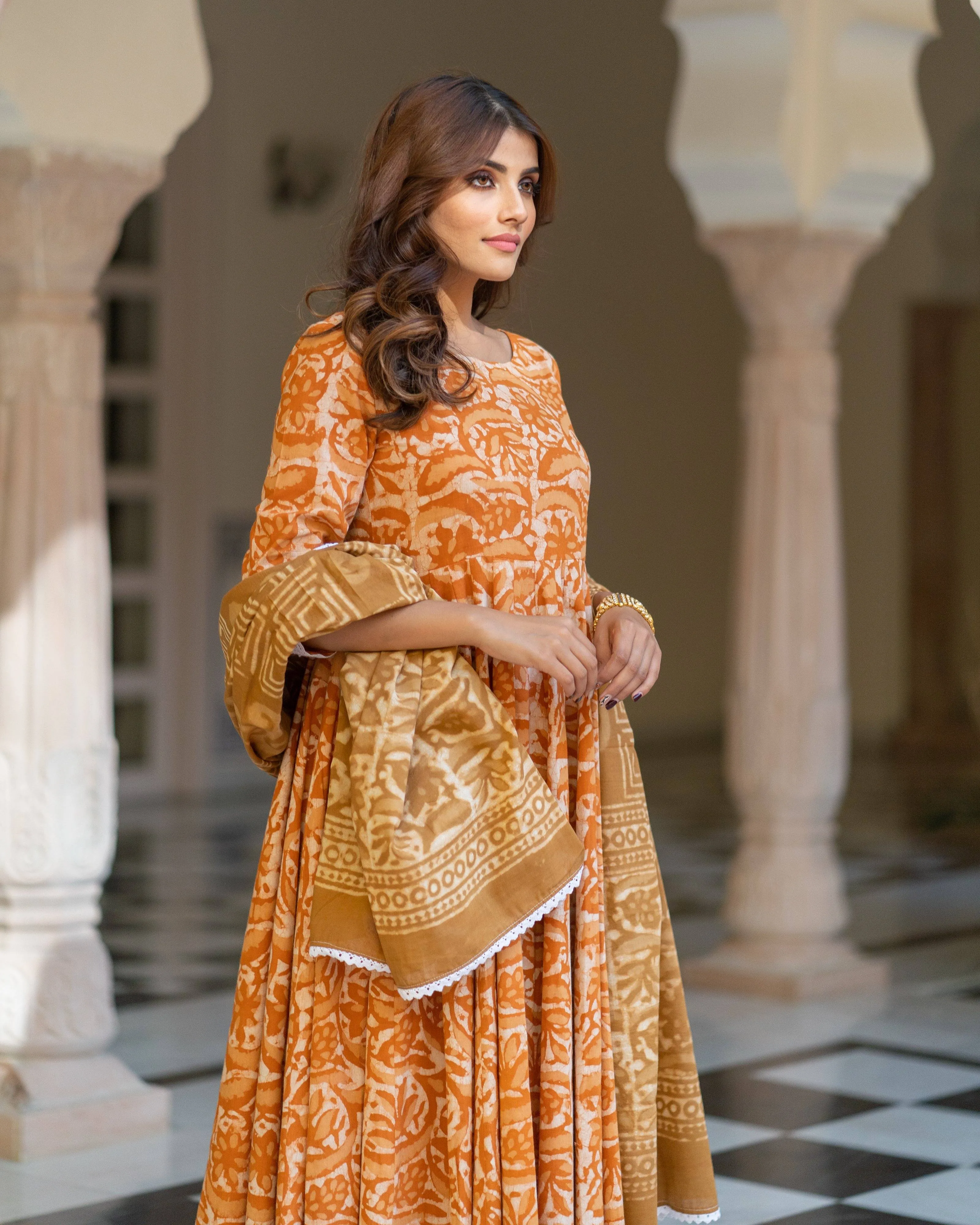 Cotton Dress Set - Mustard Colored Dabu Print