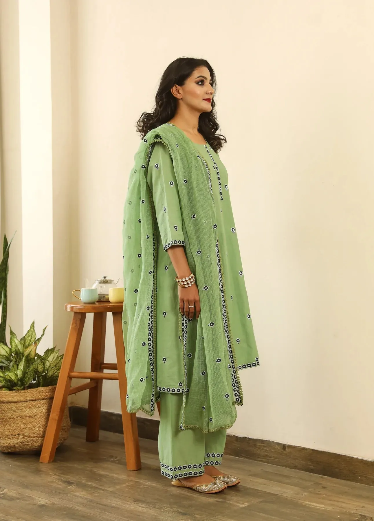 Cotton Green Floral Embroidered Suit Set with Cotton Doriya Dupatta