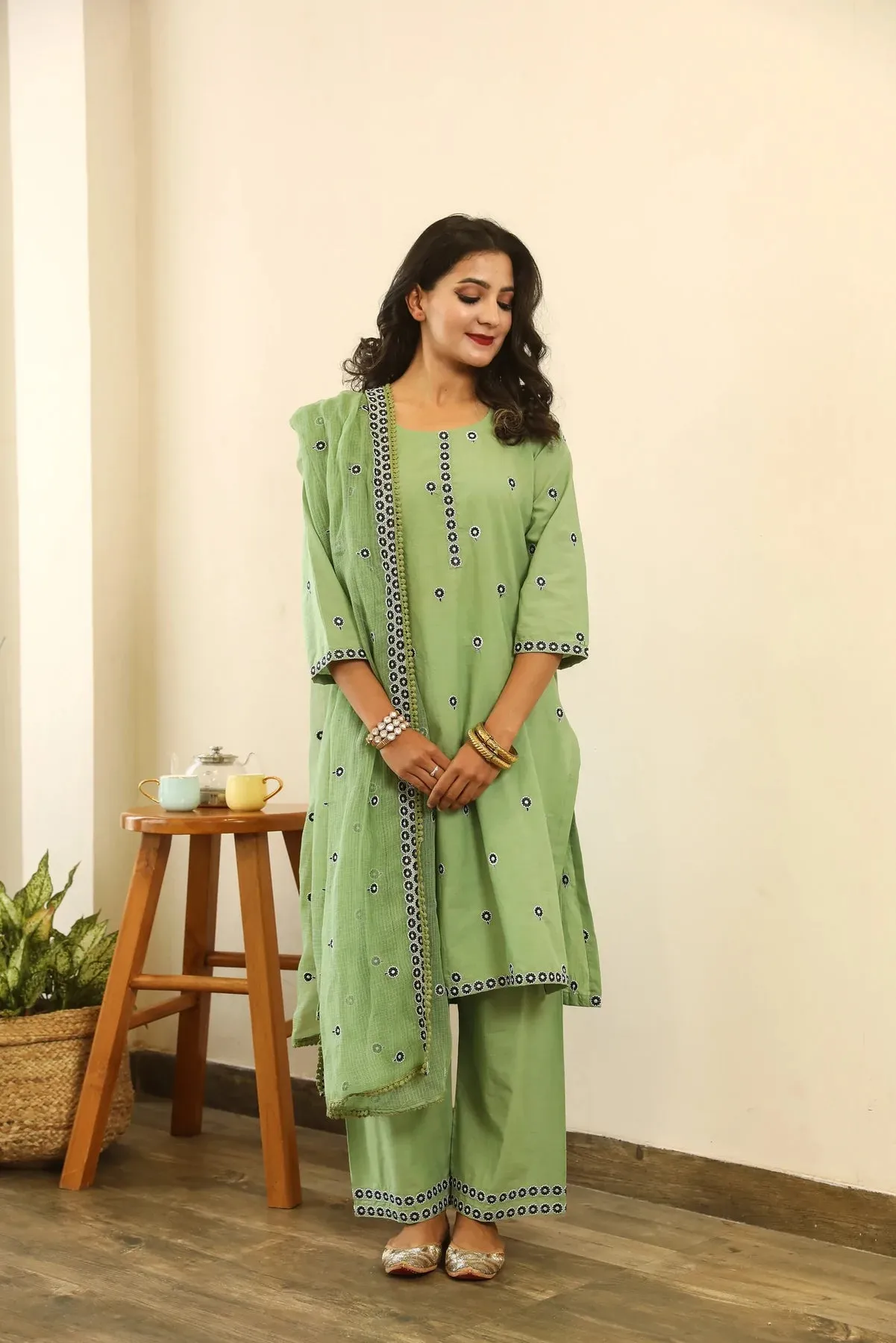 Cotton Green Floral Embroidered Suit Set with Cotton Doriya Dupatta