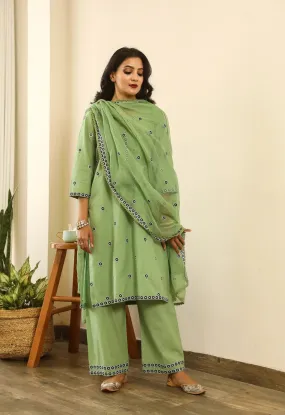 Cotton Green Floral Embroidered Suit Set with Cotton Doriya Dupatta