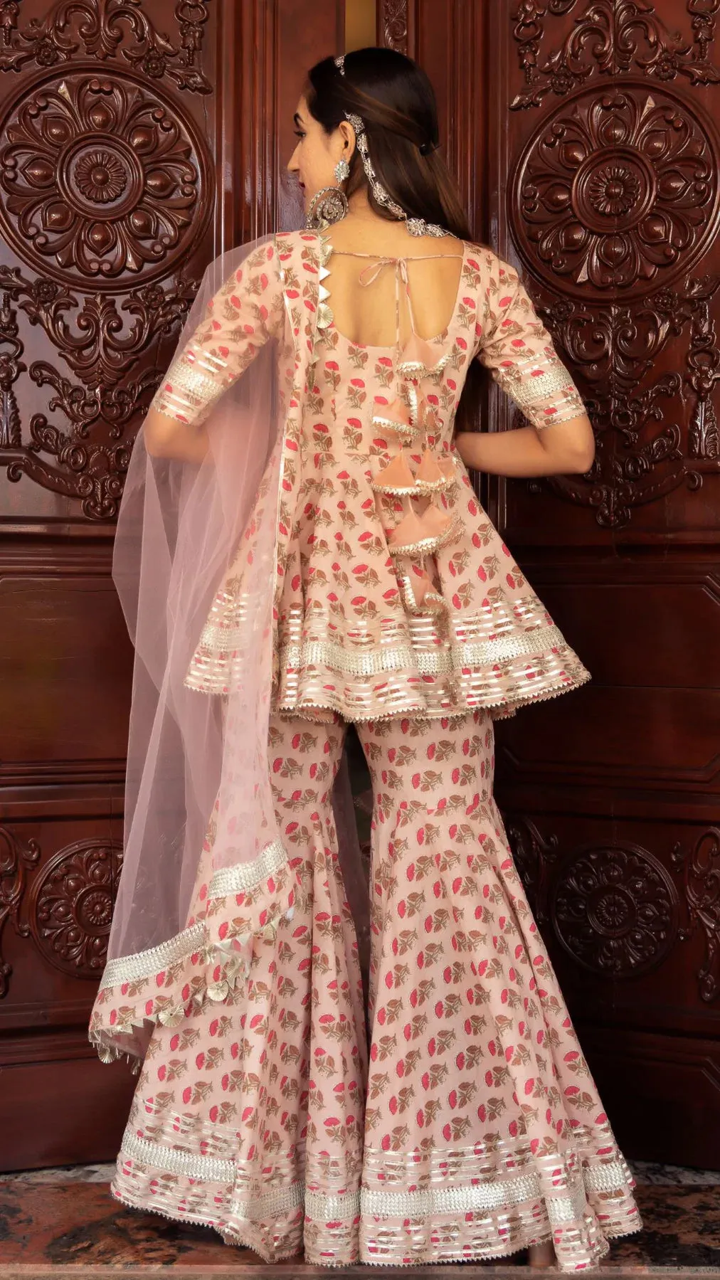 Cotton Peach Floral Print Sharara Set with Soft Net Dupatta