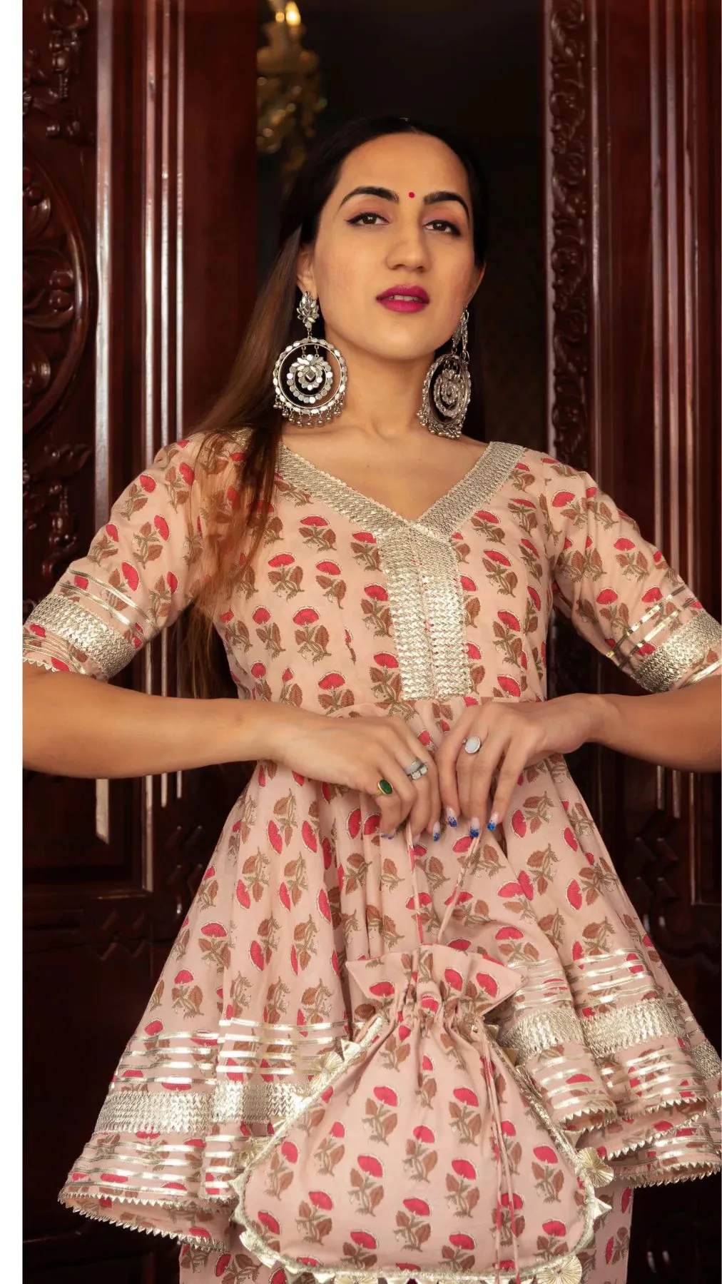 Cotton Peach Floral Print Sharara Set with Soft Net Dupatta