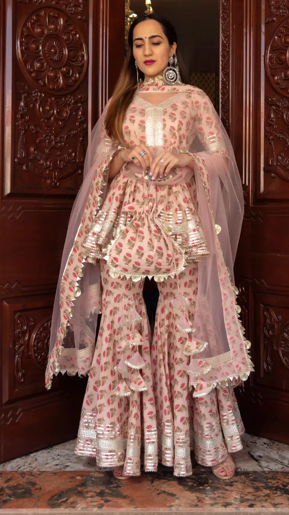 Cotton Peach Floral Print Sharara Set with Soft Net Dupatta