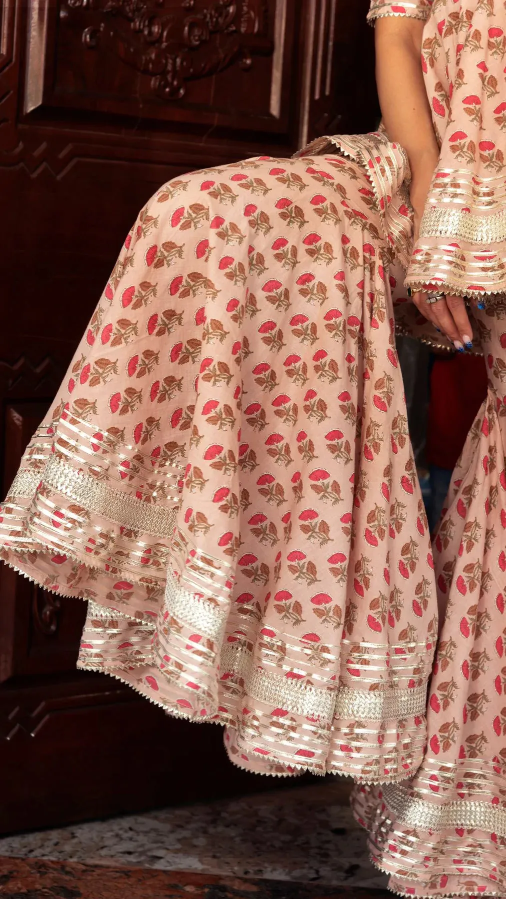 Cotton Peach Floral Print Sharara Set with Soft Net Dupatta