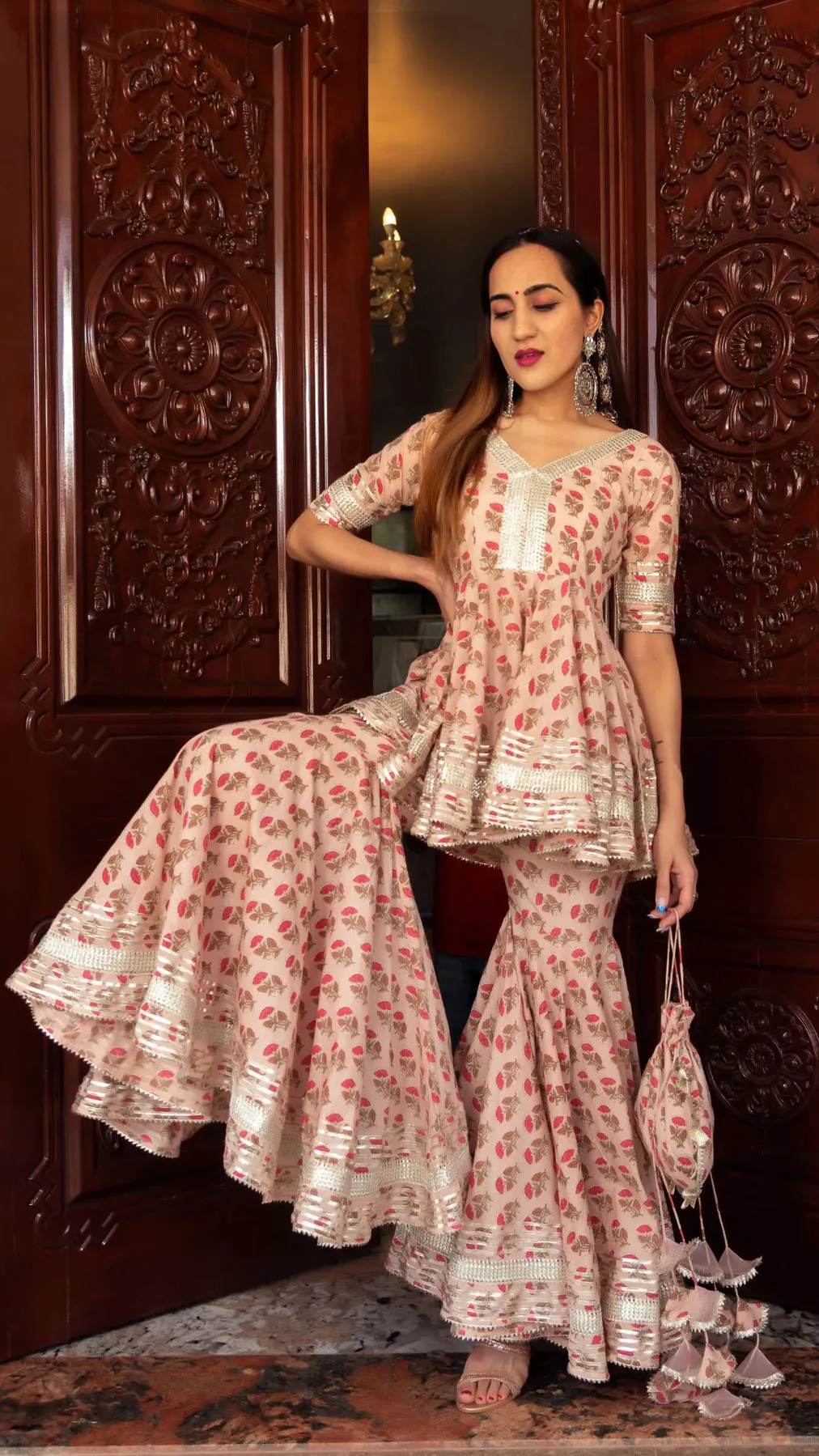 Cotton Peach Floral Print Sharara Set with Soft Net Dupatta