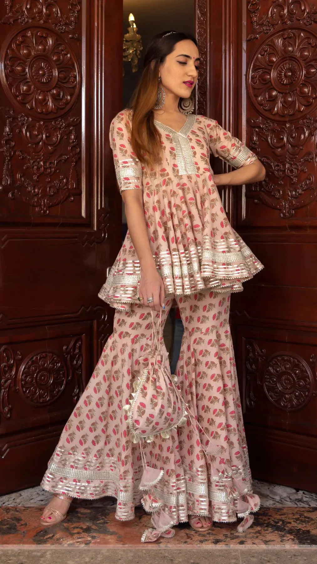 Cotton Peach Floral Print Sharara Set with Soft Net Dupatta