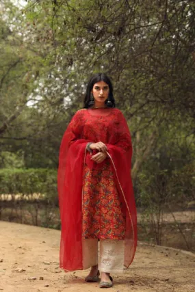 Cotton Red Floral Print Kurta Palazzo Set with Organza Dupatta