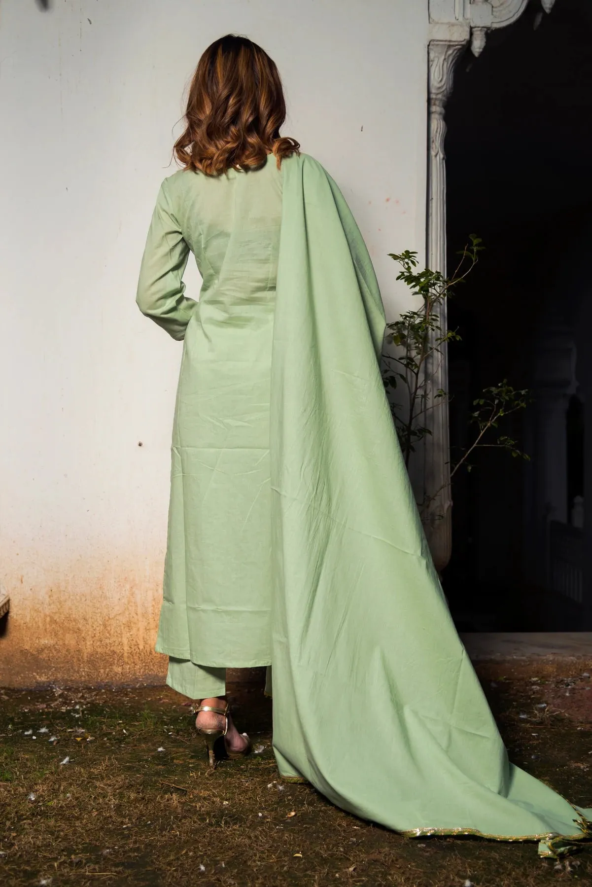 Cotton Solid Green Kurta Palazzo Set with Dupatta