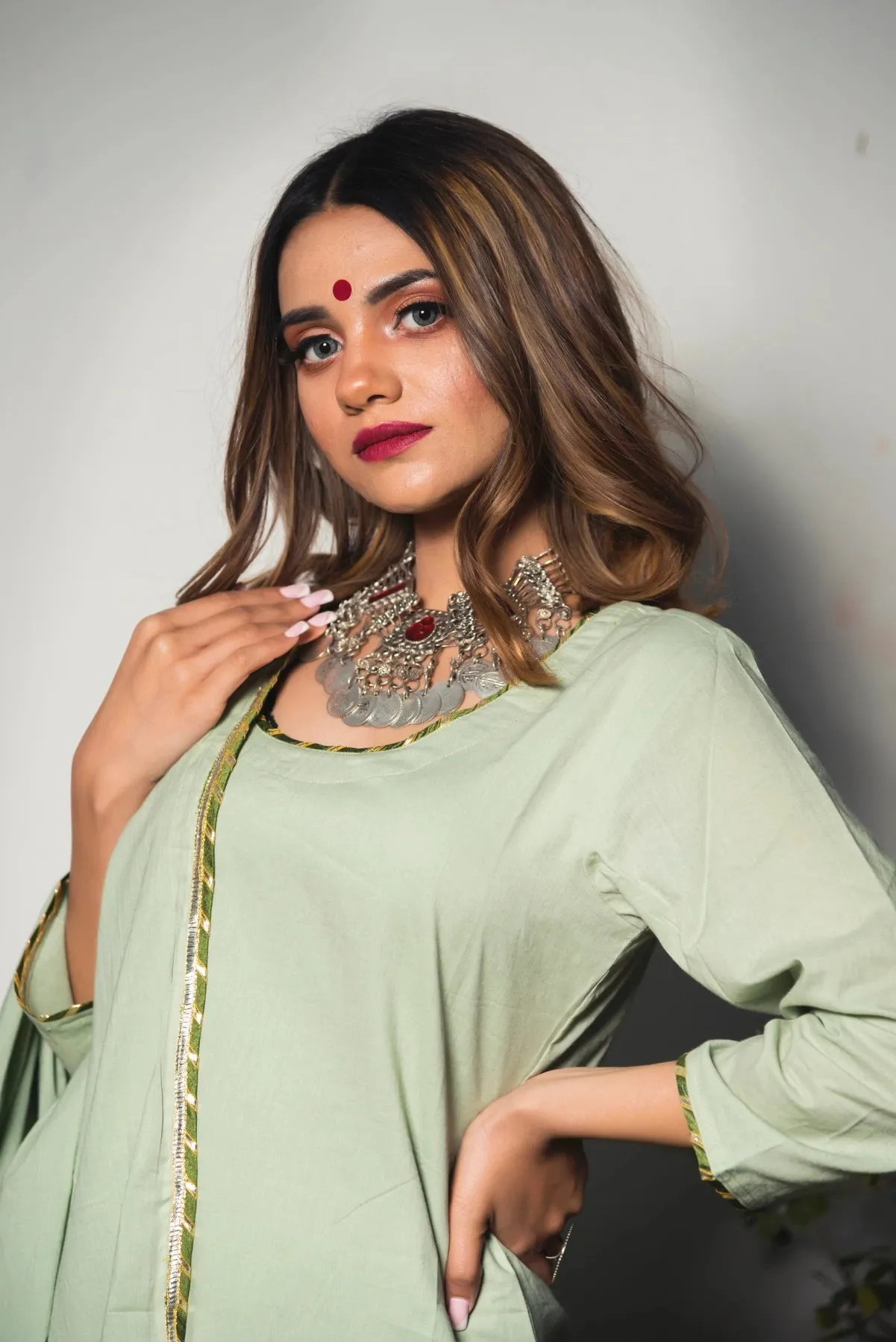 Cotton Solid Green Kurta Palazzo Set with Dupatta