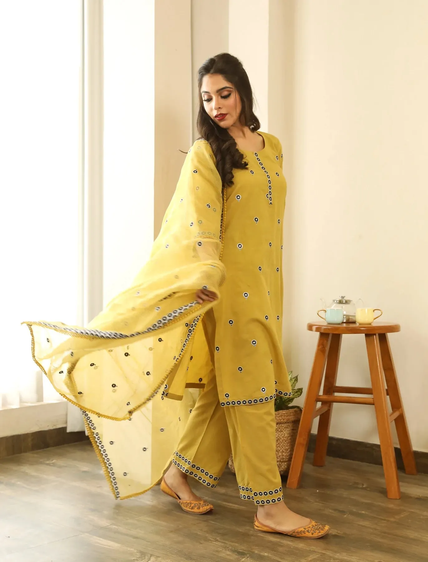 Cotton Yellow Floral Embroidered Suit Set with Cotton Doriya Dupatta