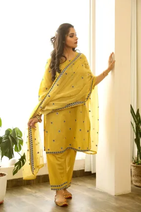 Cotton Yellow Floral Embroidered Suit Set with Cotton Doriya Dupatta