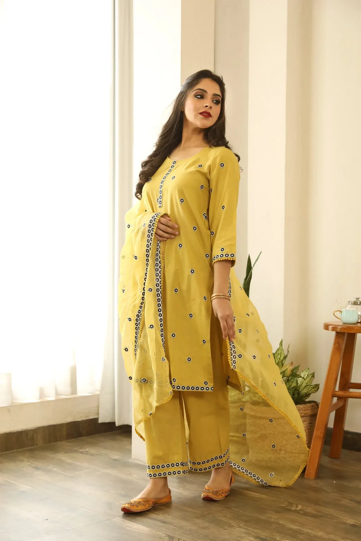 Cotton Yellow Floral Embroidered Suit Set with Cotton Doriya Dupatta