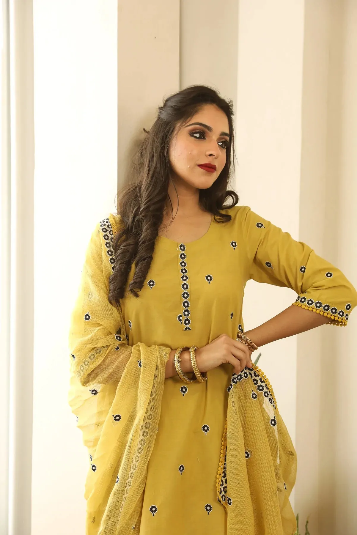 Cotton Yellow Floral Embroidered Suit Set with Cotton Doriya Dupatta