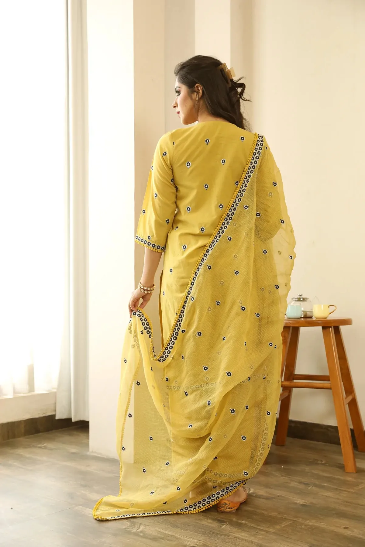 Cotton Yellow Floral Embroidered Suit Set with Cotton Doriya Dupatta