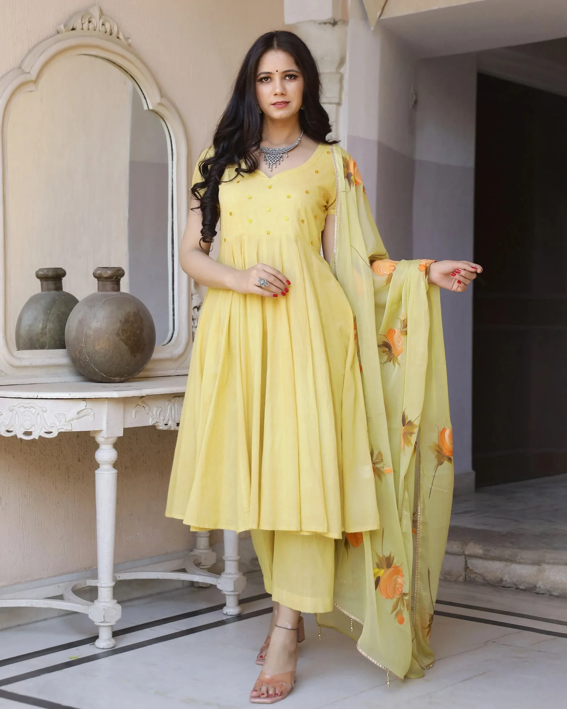 Cotton Yellow Hand brush Paint Anarkali Suit Set