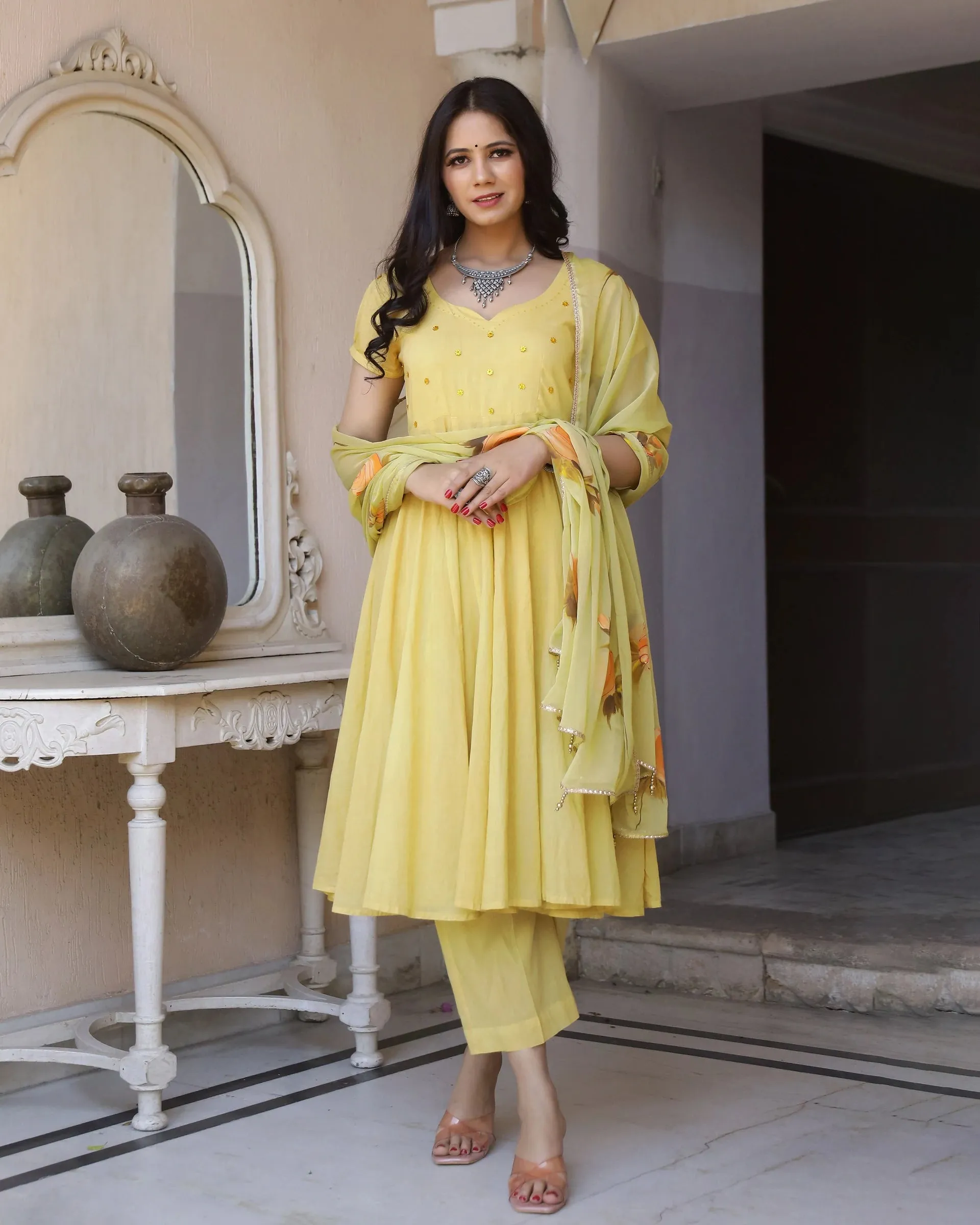 Cotton Yellow Hand brush Paint Anarkali Suit Set