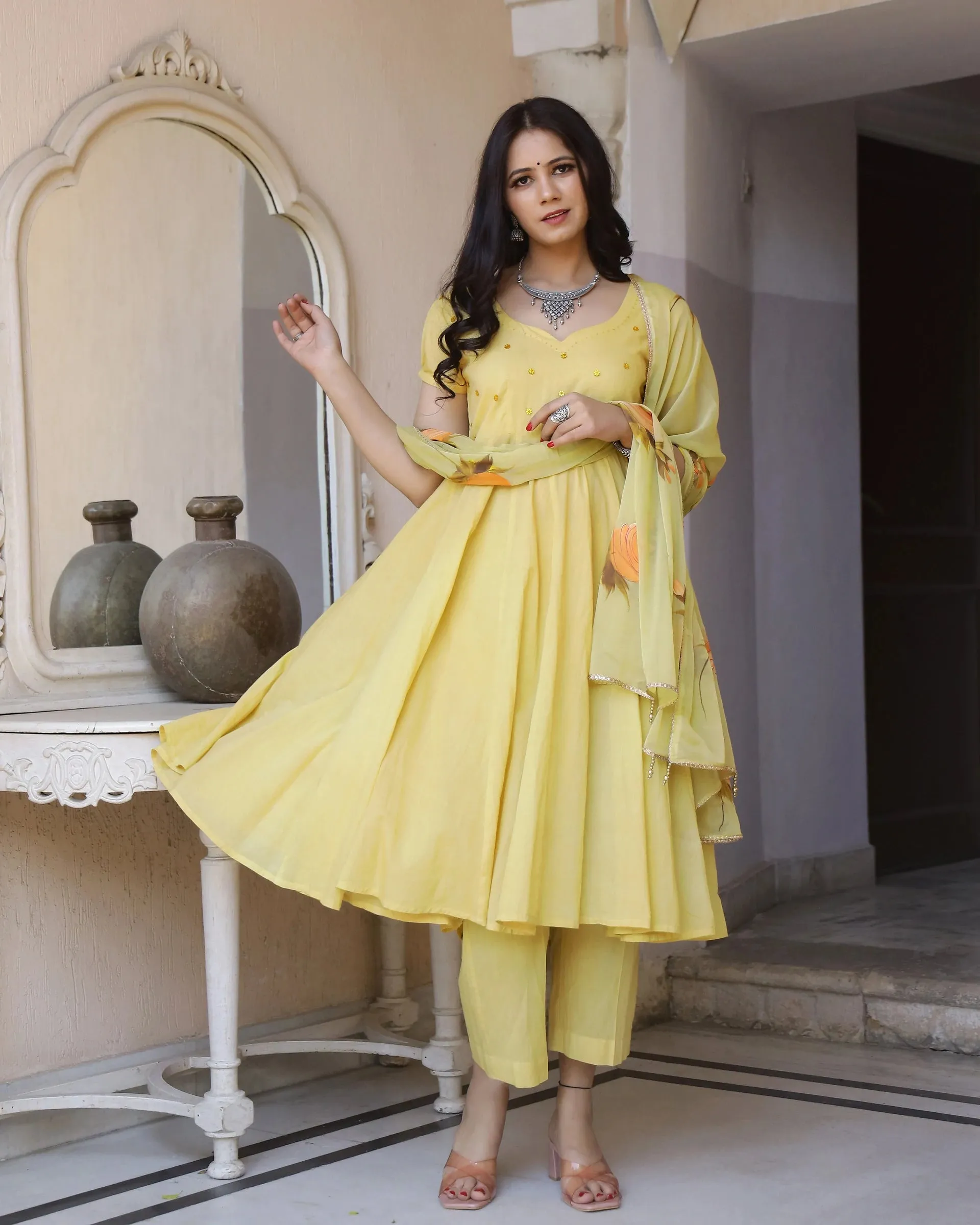 Cotton Yellow Hand brush Paint Anarkali Suit Set