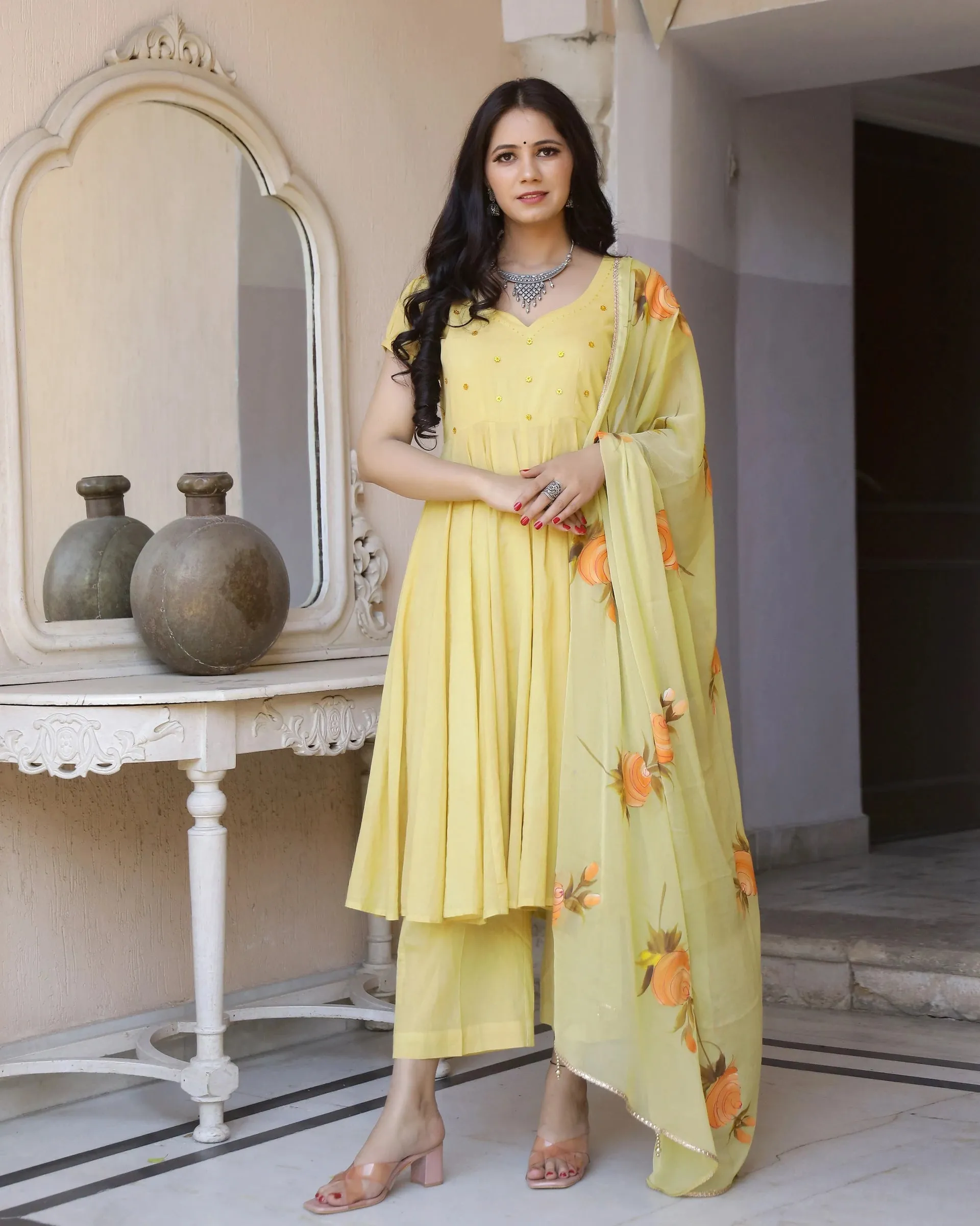 Cotton Yellow Hand brush Paint Anarkali Suit Set