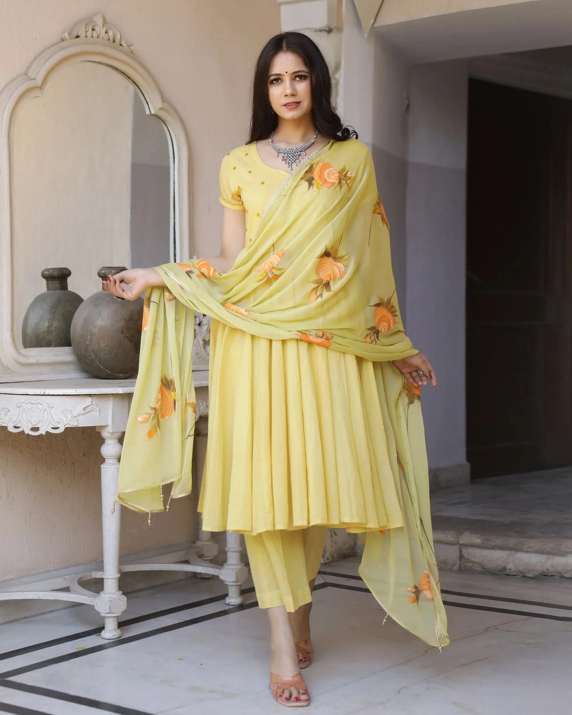 Cotton Yellow Hand brush Paint Anarkali Suit Set