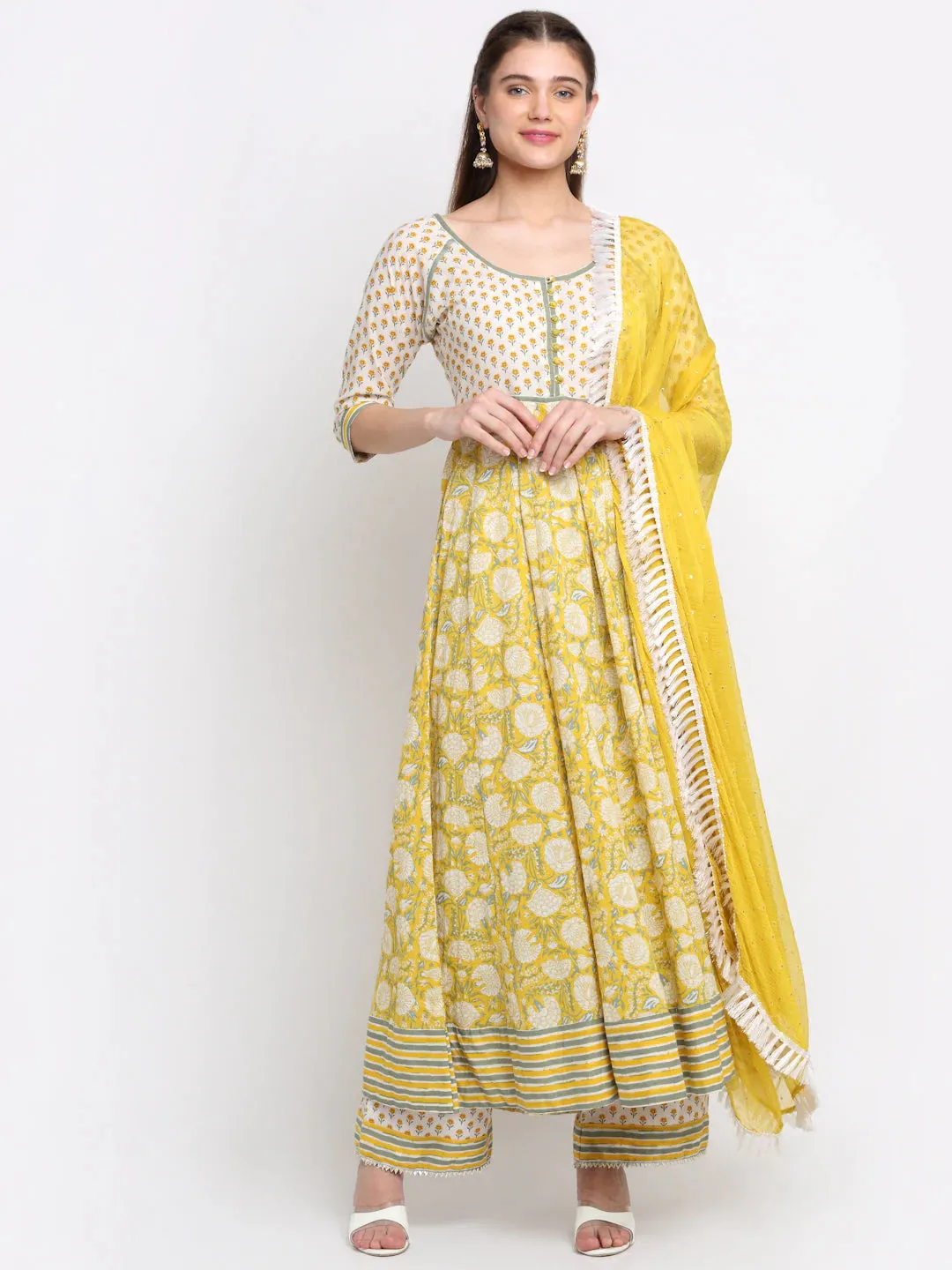 Cotton Yellow Printed Anarkali Suit with Chiffon Dupatta