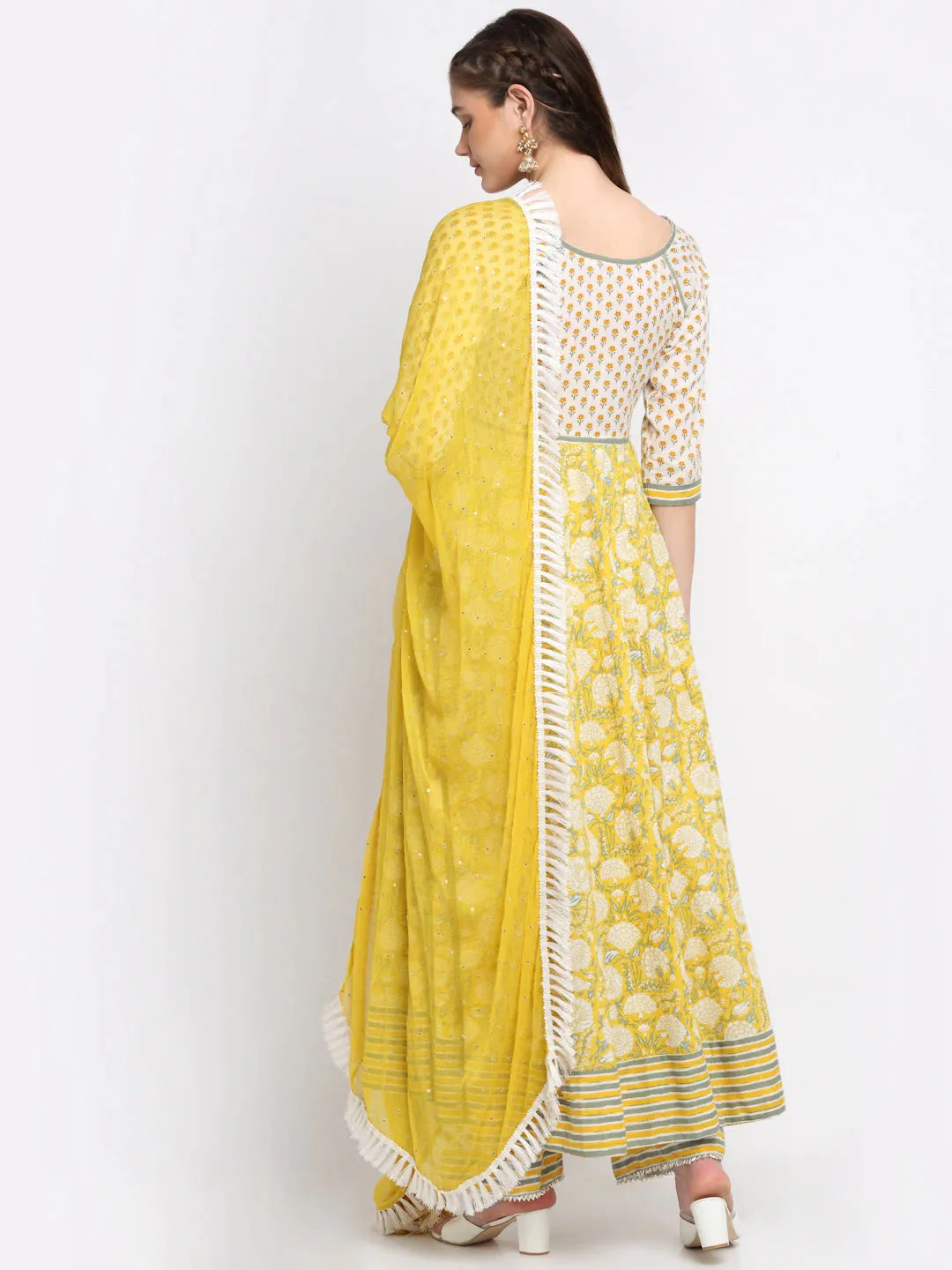 Cotton Yellow Printed Anarkali Suit with Chiffon Dupatta