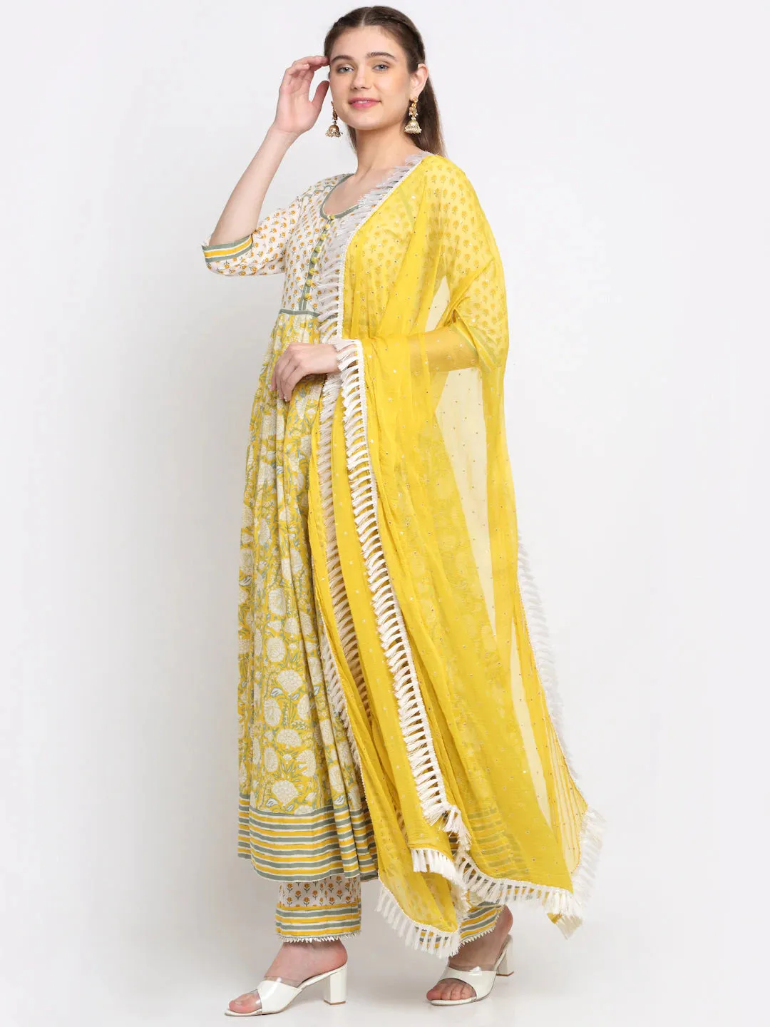 Cotton Yellow Printed Anarkali Suit with Chiffon Dupatta