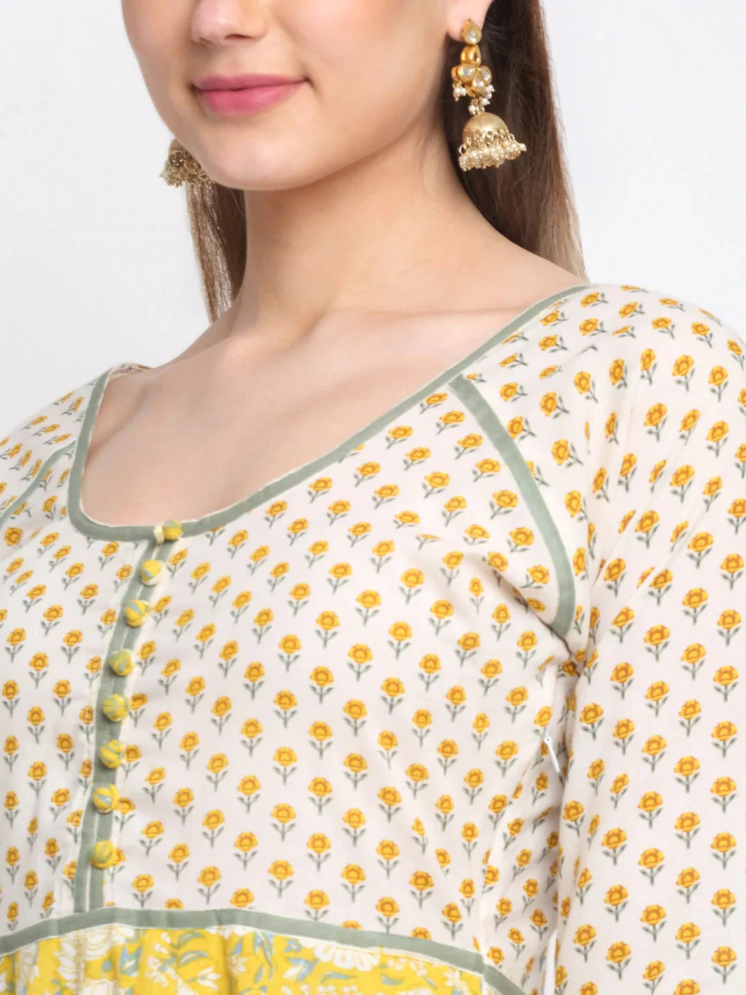 Cotton Yellow Printed Anarkali Suit with Chiffon Dupatta