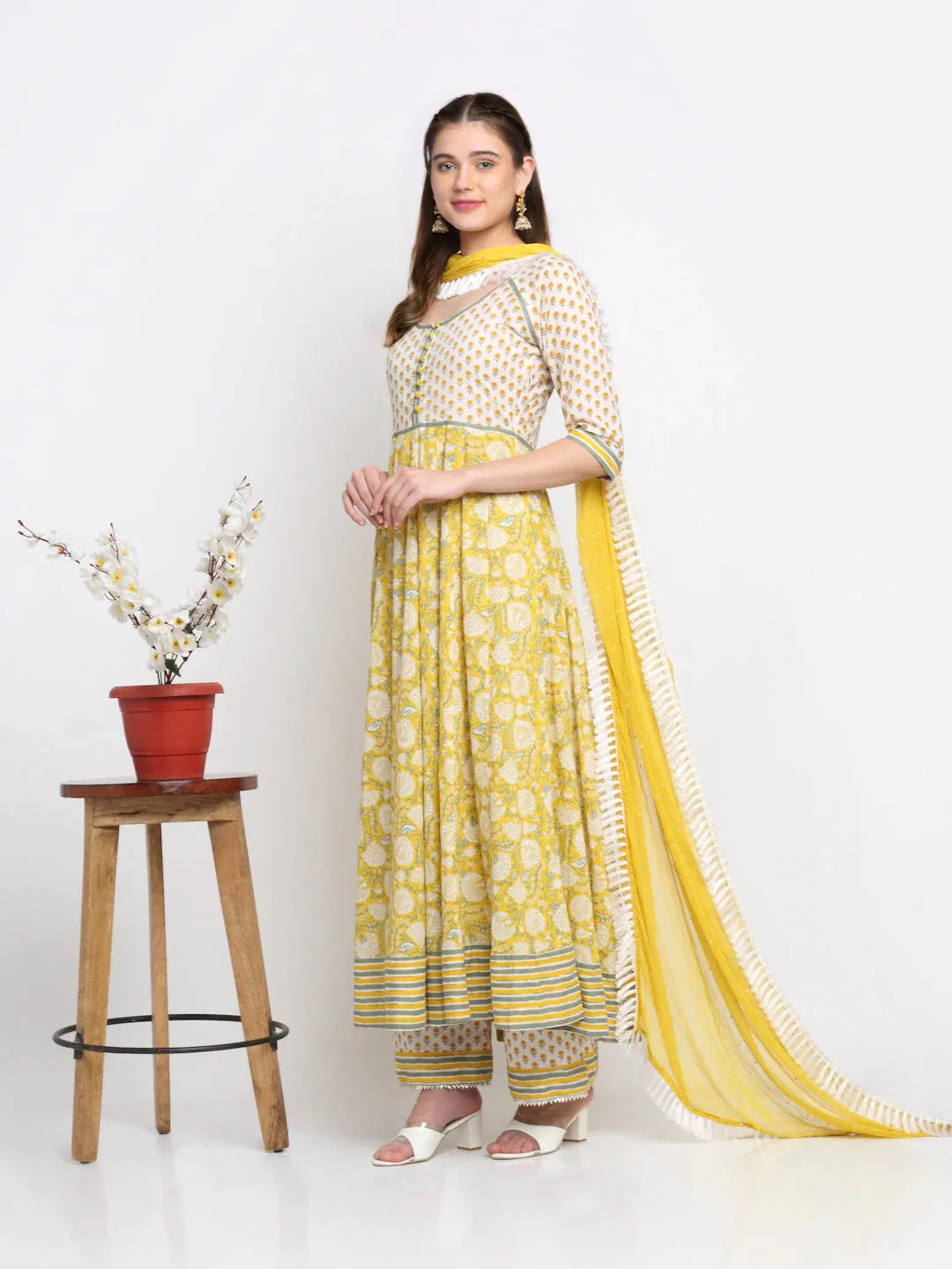 Cotton Yellow Printed Anarkali Suit with Chiffon Dupatta