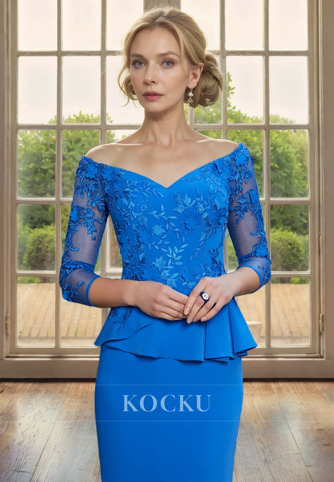 Couture & Ornate Long sleeves Appliques Two-Piece Sheath Cocktail Mother of the Bride Dress