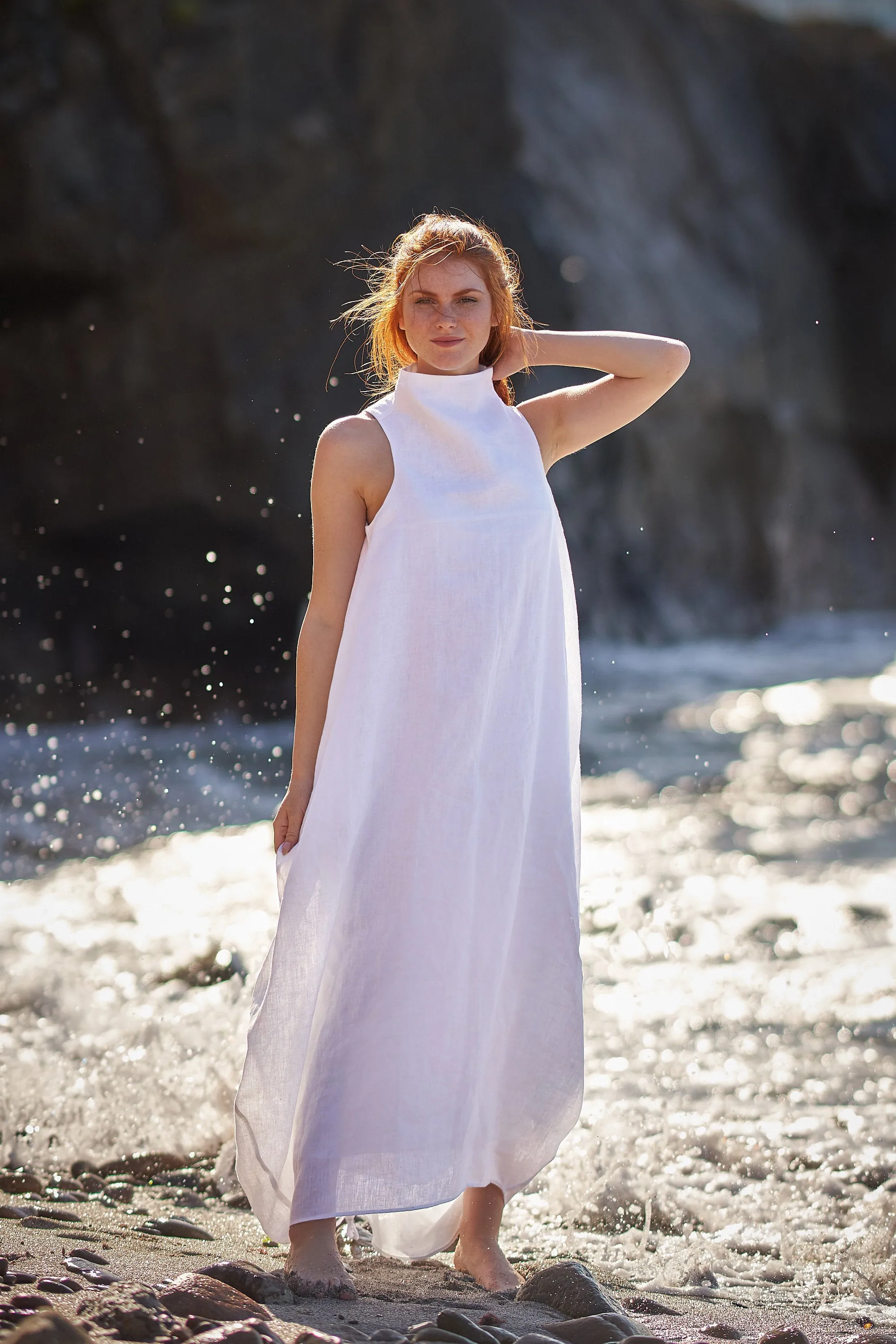 Cowl Neck Linen Dress in White