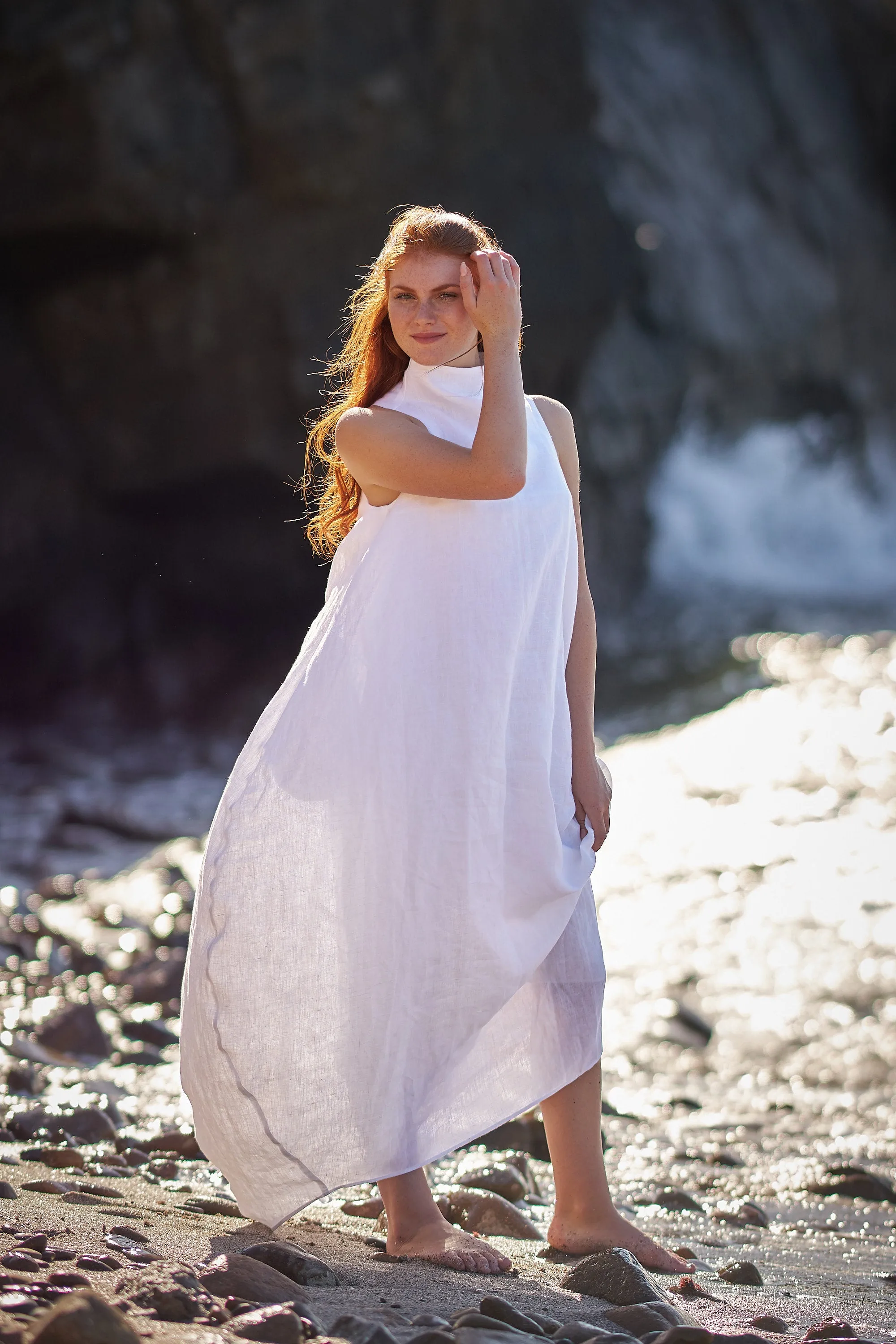 Cowl Neck Linen Dress in White