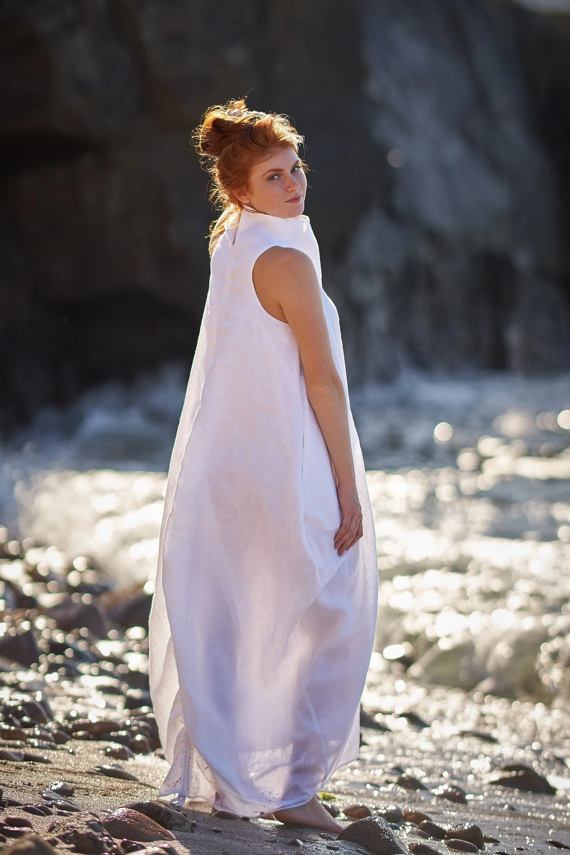 Cowl Neck Linen Dress in White