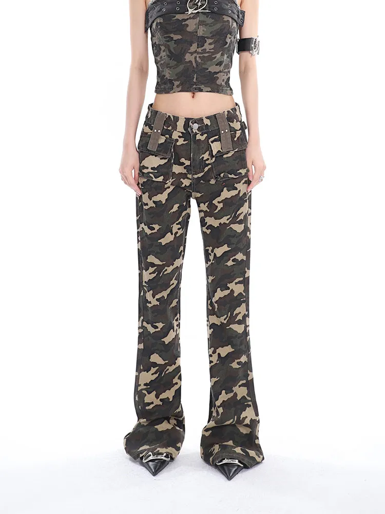 Crista Denim Army Green Camouflage High Waist Multi-Pocket Jeans Pants